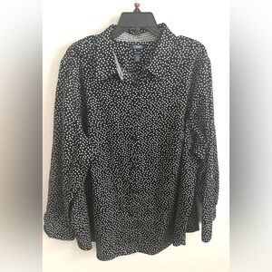 Chaps Womens Button Up shirt No Iron 3X Polka Dots Black Career Office Workwear
